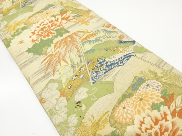 アンティーク　読み本に牡丹・松竹梅・葡萄模様織り出し丸帯(材料)