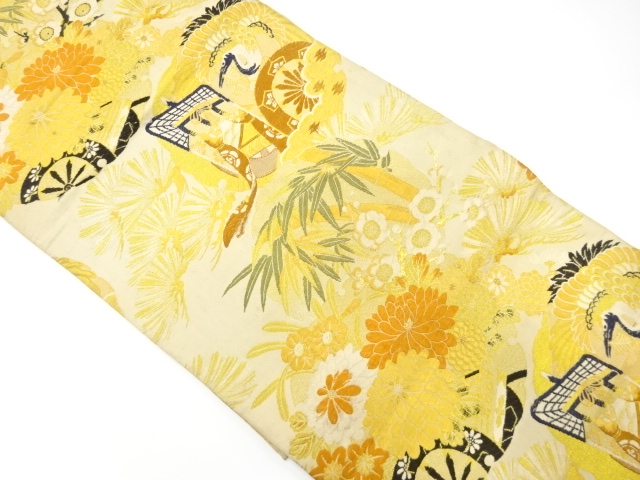 アンティーク　雪輪に御所車・松竹梅模様織出し丸帯（材料）