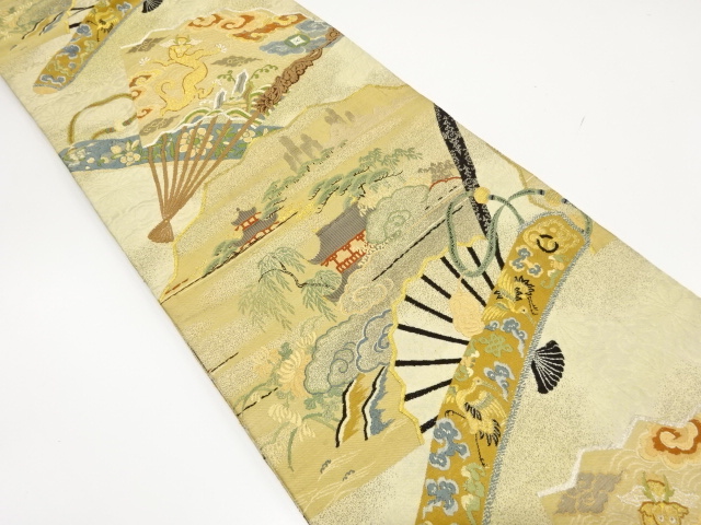 アンティーク　扇に唐風景・龍模様織出し丸帯（材料）