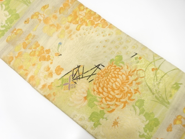 アンティーク　孔雀に菊・蔦の葉模様織り出し丸帯(材料)