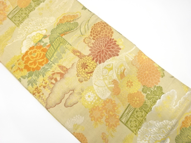 アンティーク　笠松に牡丹・御所車模様織り出し丸帯(材料)