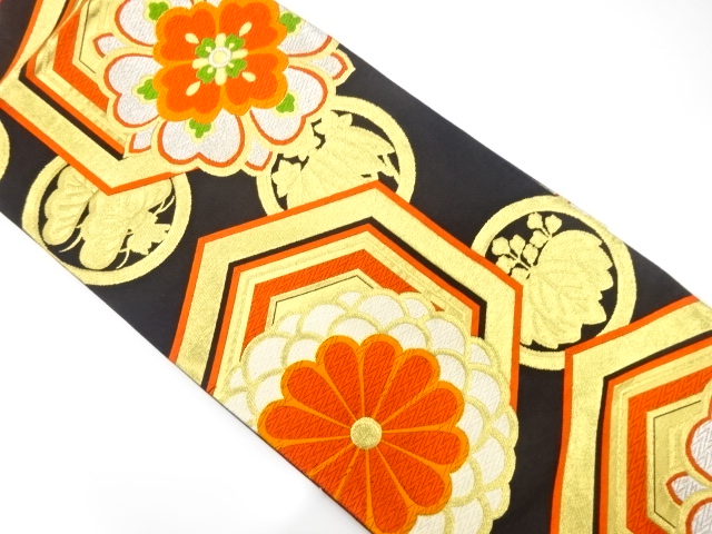 JAPANESE KIMONO / ANTIQUE FUKURO OBI / SILK / WOVEN PAULOWNIA & KIKU