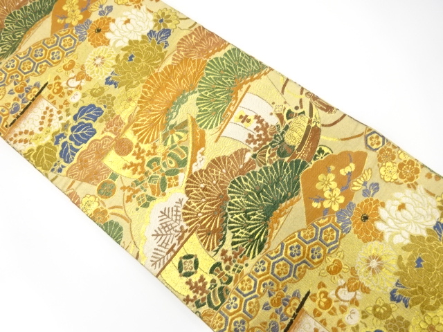 アンティーク　桧扇に宝船・笠松・菊模様織り出し丸帯（着用可）