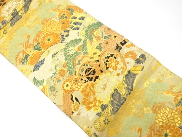 アンティーク　鶴に古楽器・松・梅模様織り出し丸帯（着用可）