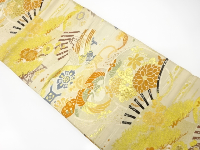 アンティーク　扇に貝合わせ・鶴・草花模様織り出し丸帯（材料）