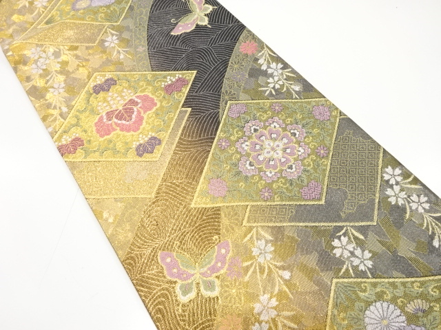 ys6805147; 宗sou 束ね熨斗に花々・古典柄模様織出し袋帯 束ね熨斗に花古典柄模様織り出し袋帯（材料）アンティーク