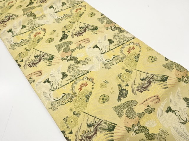 アンティーク　鶴に几帳・読み本・草花模様織り出し丸帯（材料）