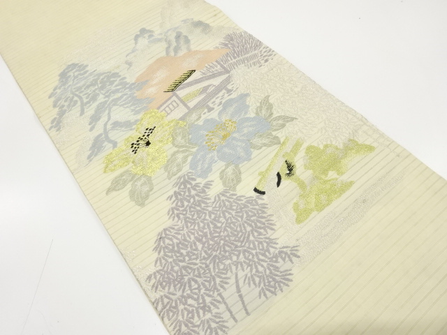 アンティーク　絽　屋敷風景模様織り出し丸帯（材料）
