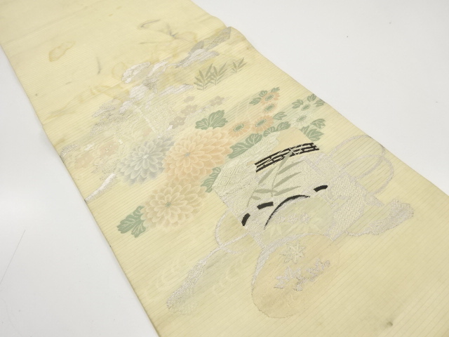 アンティーク　絽　貝桶に菊・秋草模様織り出し丸帯（材料）