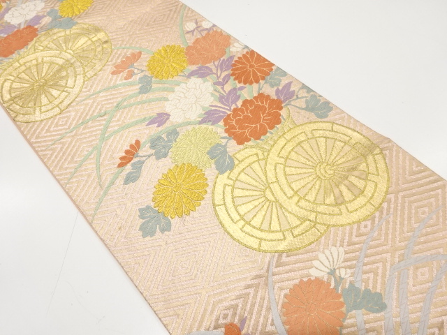 JAPANESE KIMONO / ANTIQUE FUKURO OBI / SILK / WOVEN FLORAL CART