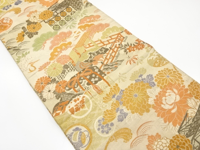 アンティーク　屋敷風景に貝桶・松・菊模様織り出し丸帯（材料）