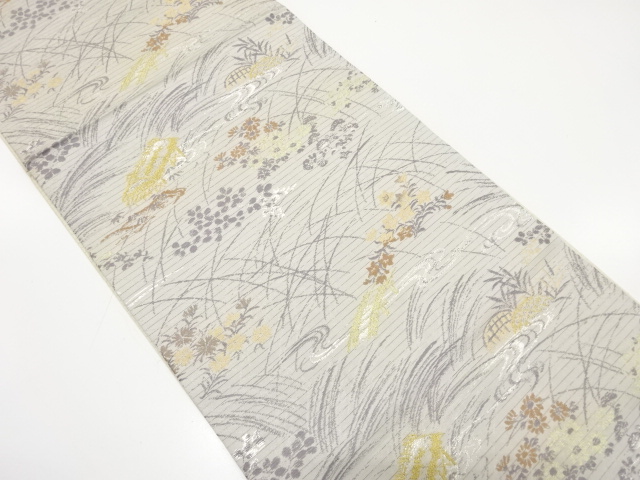 アンティーク　絽　流水に蛇籠・草花模様織り出し丸帯（材料）