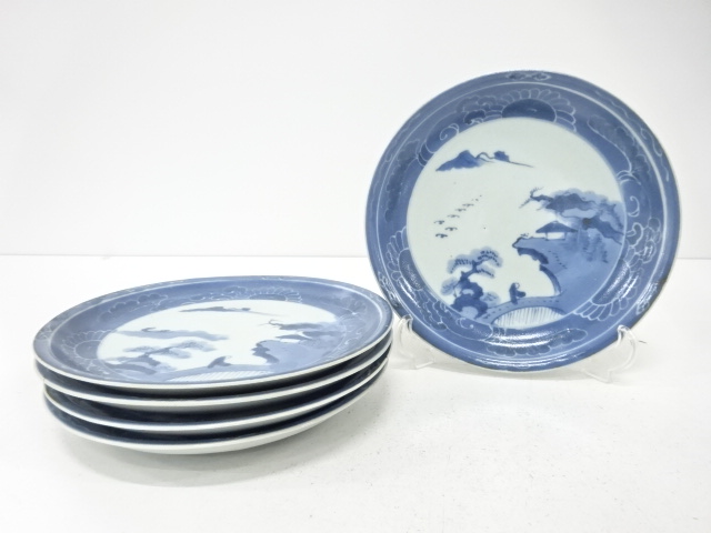 Ko-Imari Blue & White Landscape, set of 5 plates, 7.5 x 7.5 cm