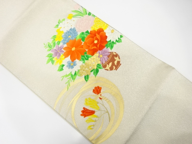 花瓶に花丸模様織り出し　開き名古屋帯（額縁仕立て）