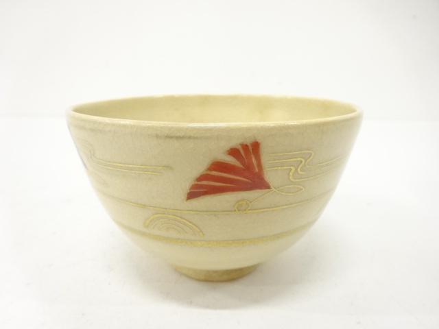 JAPANESE TEA CEREMONY / KYO WARE TEA CHAWAN / KINSAI IROE / GINKGO PATTERN / ARTISAN WORK