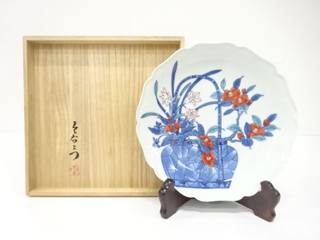 有田焼　今泉今右衛門造　色鍋島　篭花絵　額皿