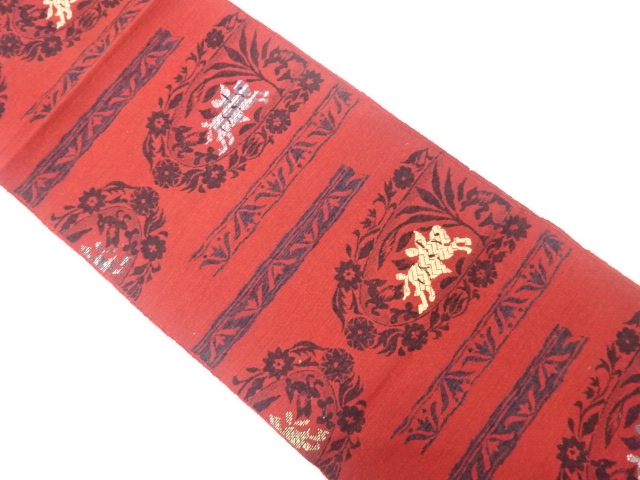 JAPANESE KIMONO / ANTIQUE NAGOYA OBI / WOVEN ANIMALS & FLORAL SARASA