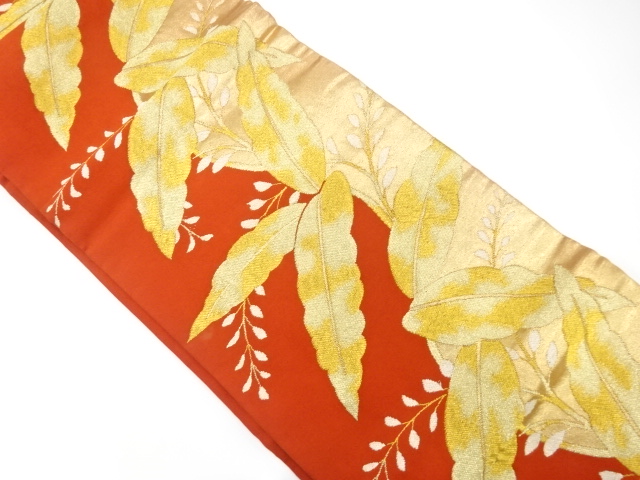 JAPANESE KIMONO / ANTIQUE NAGOYA OBI / SILK / WOVEN BRANCH LEAVES