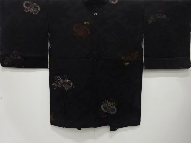 JAPANESE ANTIQUE HAORI / TAISHO ROMAN STYLE / SILK / WOVEN FLORAL PLANTS & DRUMS