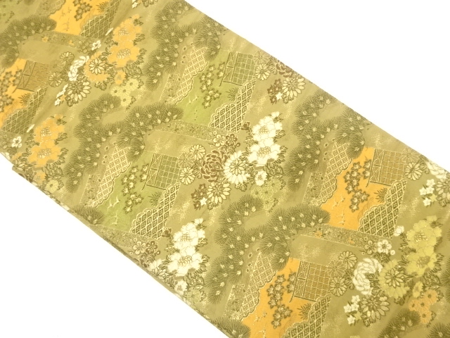 アンティーク　色紙に笠松・牡丹・菊模様織り出し丸帯（材料）