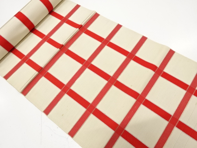 JAPANESE KIMONO / ANTIQUE BOLT FOR NAGOYA OBI / SILK / CHIKUZEN HAKATA / WOVEN GRID