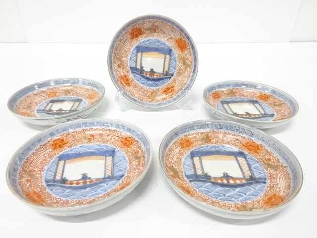 Ko-Imari, Five five plates, underglaze blue, floral arabesque