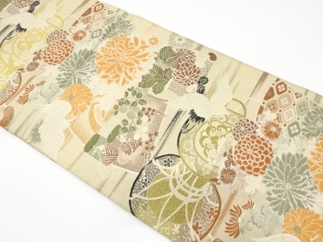 アンティーク　鼓に鶴・菊・萩模様織り出し丸帯（材料）