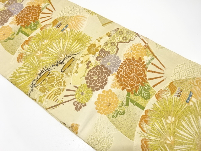 アンティーク　扇面に菊・松竹梅模様織り出し丸帯（材料）
