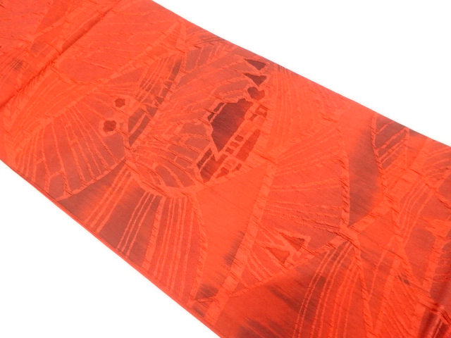 未使用品　纐纈　草木染　田舎風景模様織り出し全通袋帯(未仕立て)