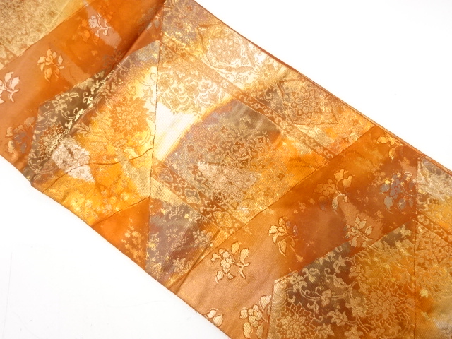 未使用品　切りばめ風　華紋に花更紗模様織り出し　袋帯