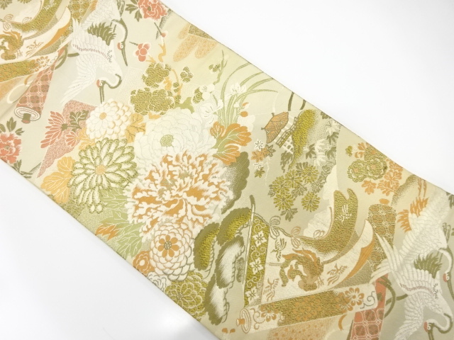 SALE!! JAPANESE KIMONO / ANTIQUE MARU OBI / WOVEN CRANE & FLORAL PLANTS