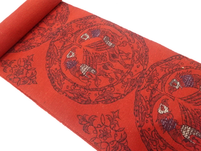 JAPANESE KIMONO / ANTIQUE BOLT FOR NAGOYA OBI / SILK / TSUMUGI / WOVEN ANIMAL