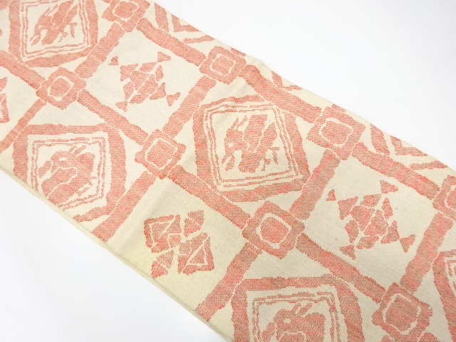JAPANESE KIMONO / ANTIQUE NAGOYA OBI / SILK / HAND WOVEN / MAWATA TSUMUGI / GRID & FLOWERS & BIRDS