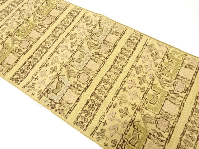 アンティーク　手織り紬　横段に更紗模様織り出し名古屋帯（着用可）