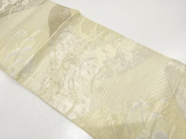 JAPANESE KIMONO / ANTIQUE FUKURO OBI FOR SUMMER / SILK / WOVEN WAVE & FLOWERS