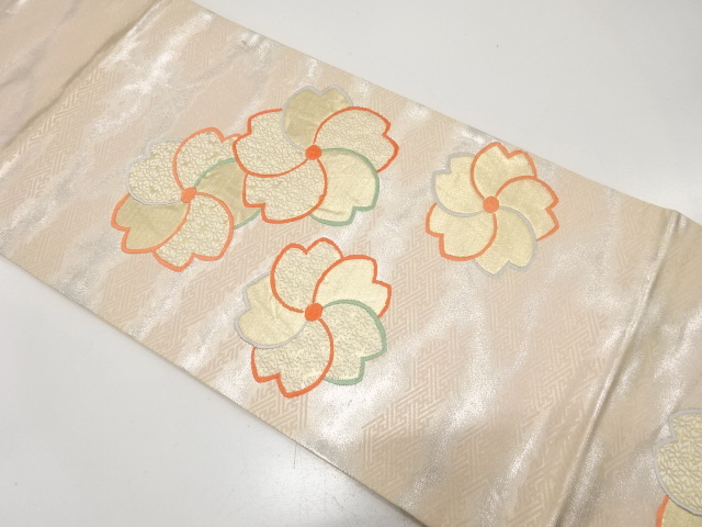 JAPANESE KIMONO / ANTIQUE FUKURO OBI / SILK / WOVEN MIST & SAKURA