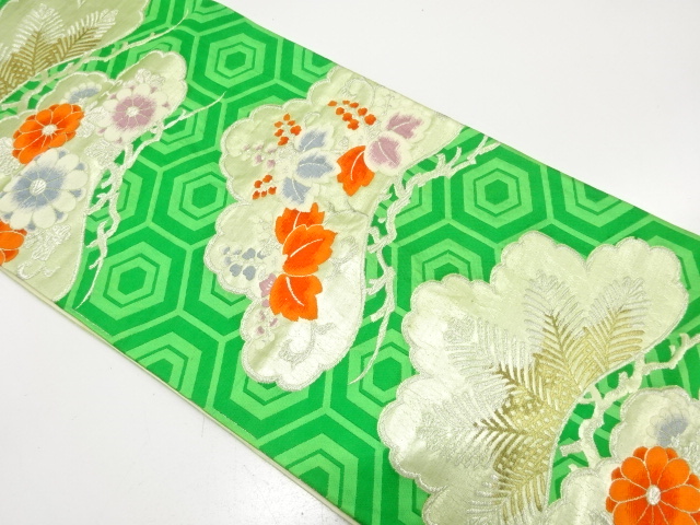 JAPANESE KIMONO / ANTIQUE FUKURO OBI / SILK / WOVEN KASAMATSU & KIKU & PAULOWNIA