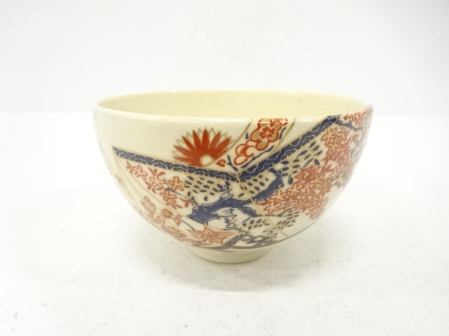 JAPANESE TEA CEREMONY / TEA BOWL CHAWAN / KINSAI IROE / FLOWER / ARTISAN WORK