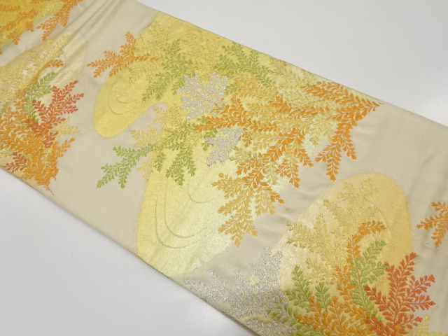 JAPANESE KIMONO / ANTIQUE FUKURO OBI / SILK / WOVEN STREAM & LEAVES