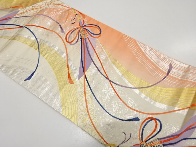 JAPANESE KIMONO / ANTIQUE FUKURO OBI / SILK / WOVEN KUMIHIMO CORD & ABSTRACT BIRD & FLORAL ARABESQUE