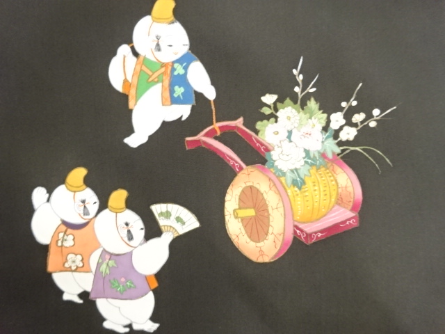 JAPANESE KIMONO / ANTIQUE NAGOYA OBI / SILK / SHIOZE / HAND PAINTED / CARRIAGE & FLORAL CART