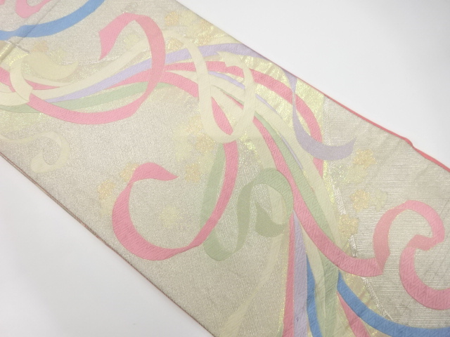 JAPANESE KIMONO / ANTIQUE FUKURO OBI / SILK / WOVEN NOSHI & FLOWER