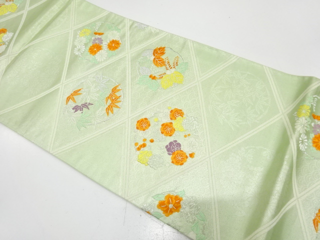 アンティーク　斜め格子に花丸模様織り出し袋帯（材料）