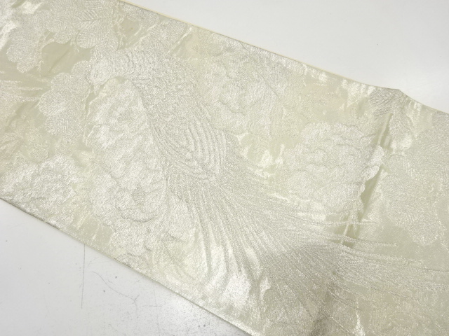 アンティーク　尾長鳥に牡丹・笠松模様織り出し袋帯（材料）