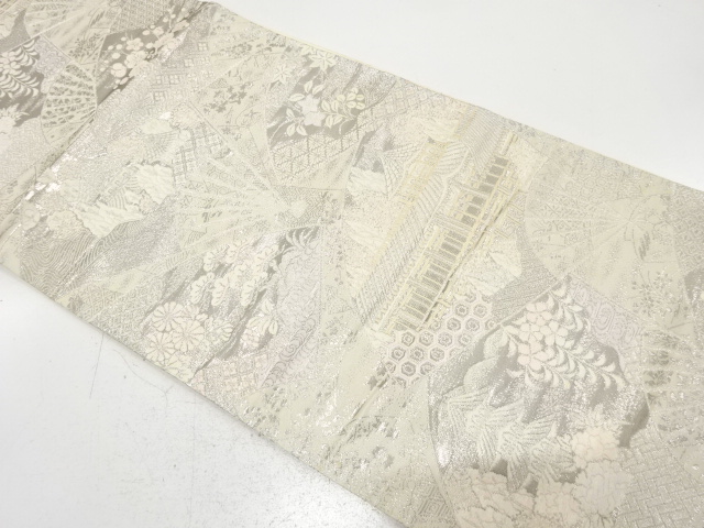 アンティーク　扇に京風景・草花模様織り出し袋帯（材料）