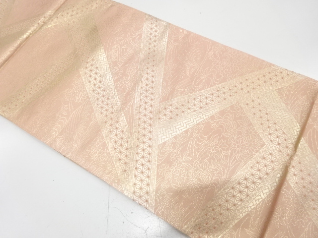 アンティーク　切りばめ風　麻の葉に草花模様織り出し全通袋帯（材料）