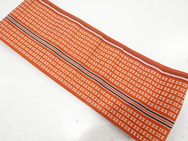 本場筑前博多　縞印小格子模様織り出し　半幅帯