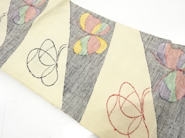 JAPANESE KIMONO / ANTIQUE NAGOYA OBI / SILK / FUSHI TSUMUGI / WOVEN BUTTERFLY