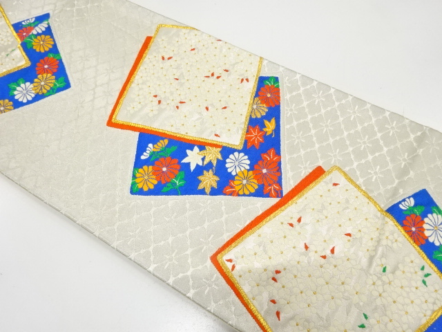 アンティーク　色紙に梅・菊・楓模様織り出し袋帯（材料）