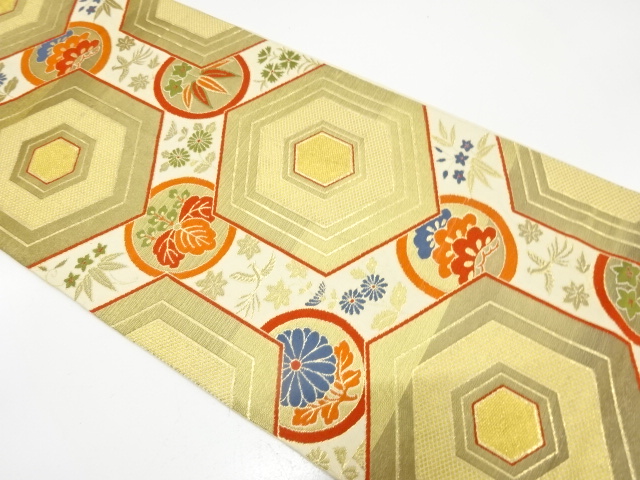 アンティーク　亀甲に草花模様織り出し袋帯（材料）